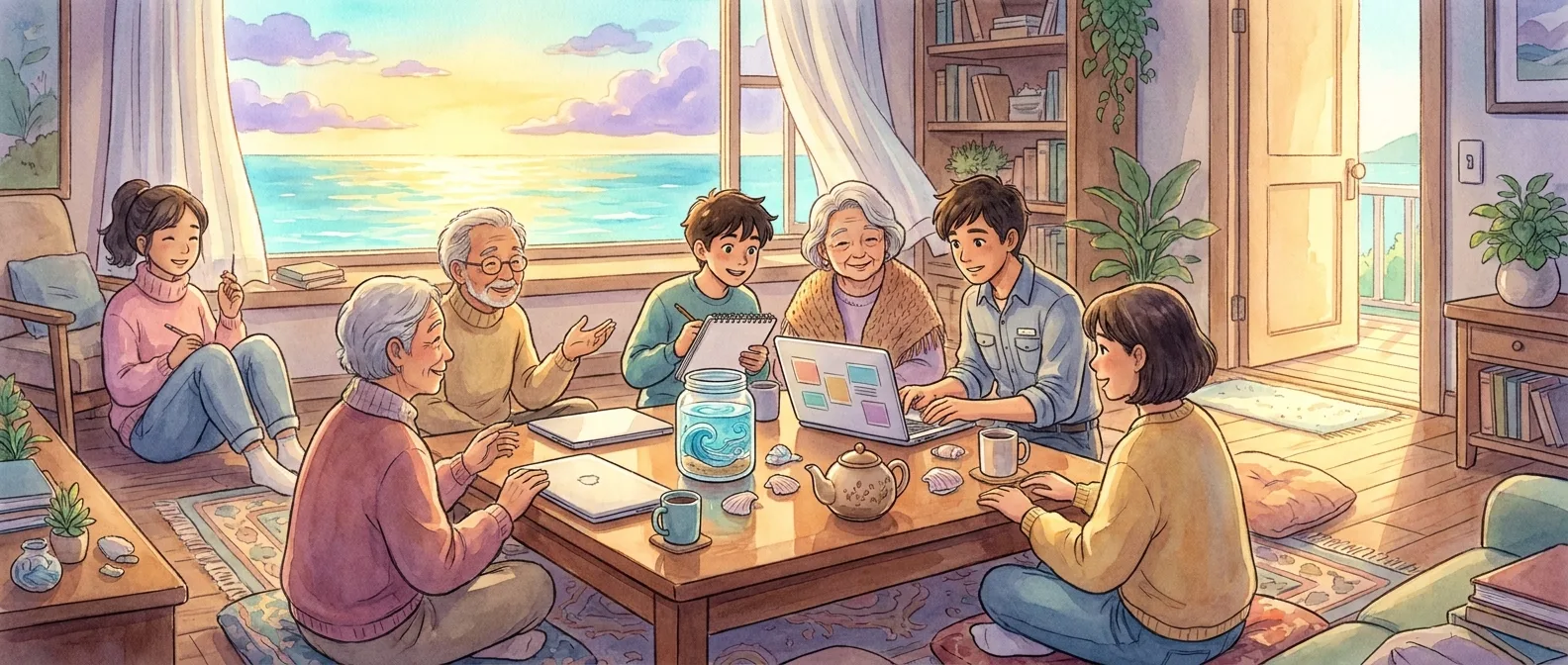 A warm Studio Ghibli scene — people of all ages gathered in a welcoming circle by a sunlit Venice Beach window, the Pacific glowing purple and gold beyond an open door