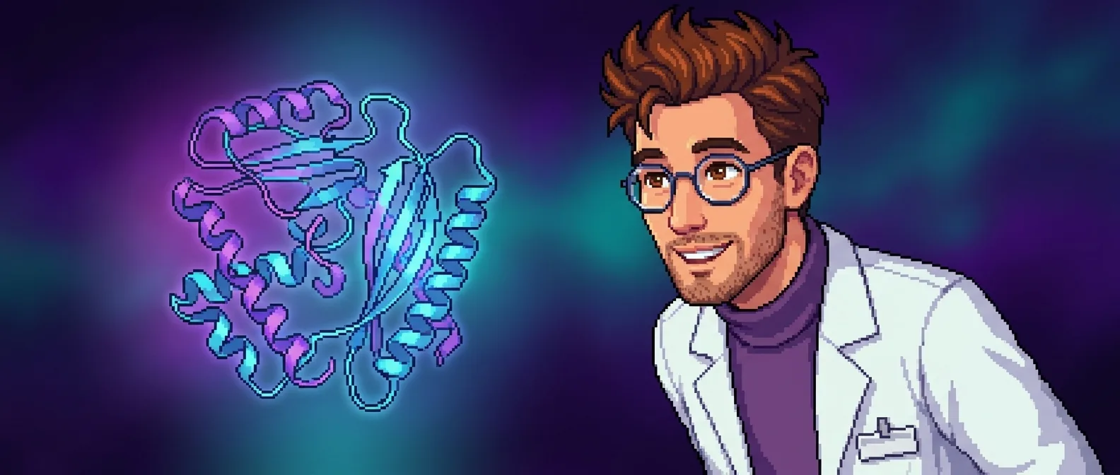 A 16-bit pixel-art scene — Science Stanley beside a single luminous folded protein of cyan-and-purple ribbons and helices glowing in the dark; the elegant nanomachine up close