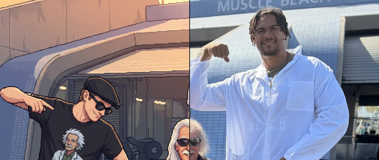 Split image at the Muscle Beach Venice outdoor gym, joined at a thin vertical seam that runs through the face of the man seated at the center: everything left of the seam is a pixel-art drawing of the scene, everything right of it is the photograph — the same man half drawn, half real