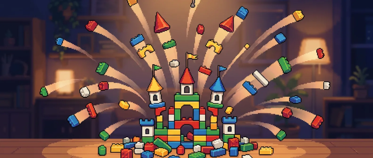 Pixel-art scene — a toy brick castle caught mid-explosion in slow motion, its colorful blocks suspended in mid-air and drifting apart along graceful arcs against a warm dark studio background, each brick trailing softly