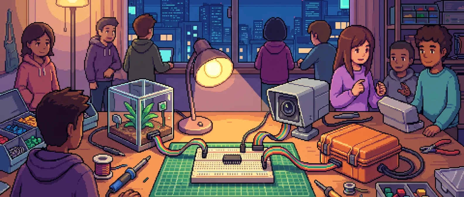 Pixel-art scene — a maker hackathon workbench built around a tiny edge-AI coprocessor board on a breadboard under a bright lamp, ribbon cables fanning out to several half-built projects (a greenhouse sensor, a camera enclosure, a weatherproof box), soldering iron and parts bins in warm late-night light
