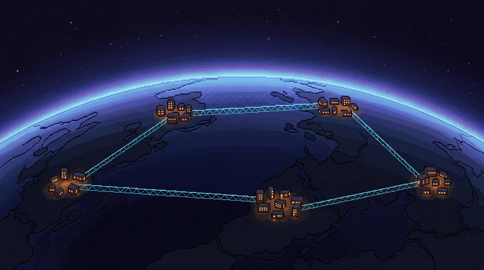 Pixel-art view of Earth's night side from orbit under a violet-blue atmospheric limb: several small warm-lit compounds of buildings scattered across the dark continents, joined to one another by pale cyan truss-like lines forming a ring with no centre.