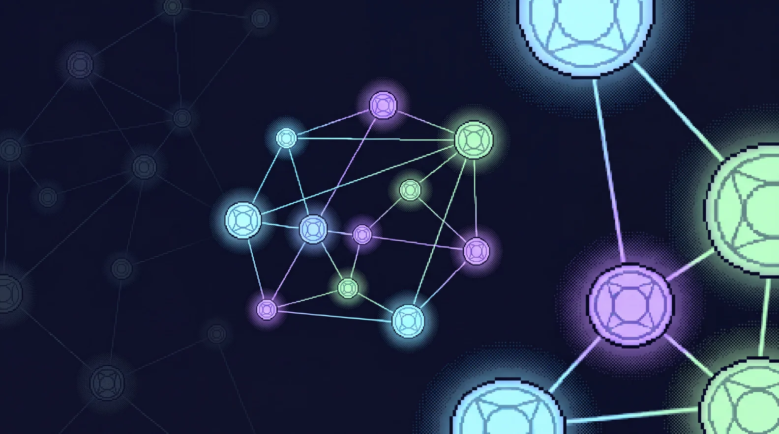 Pixel-art view of an abstract network in a deep navy void: a legible cluster of glowing cyan, violet and green nodes joined by thin luminous lines, with much larger near nodes at the right edge and a dimmer network fading away to the left. No ground, no horizon, nobody.