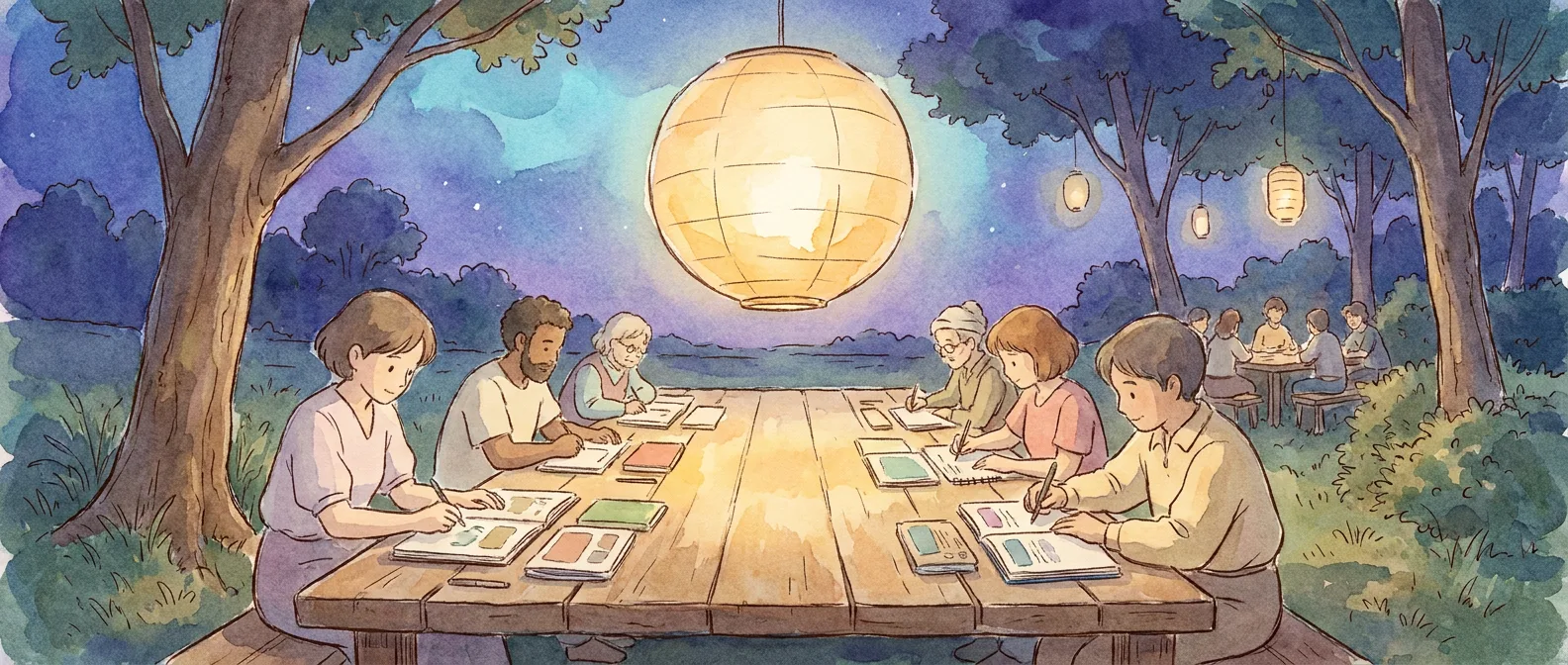 A soft ink-and-wash watercolor — diverse collaborators writing together at a long wooden table beneath one luminous paper lantern, warm amber light against a violet-teal night sky