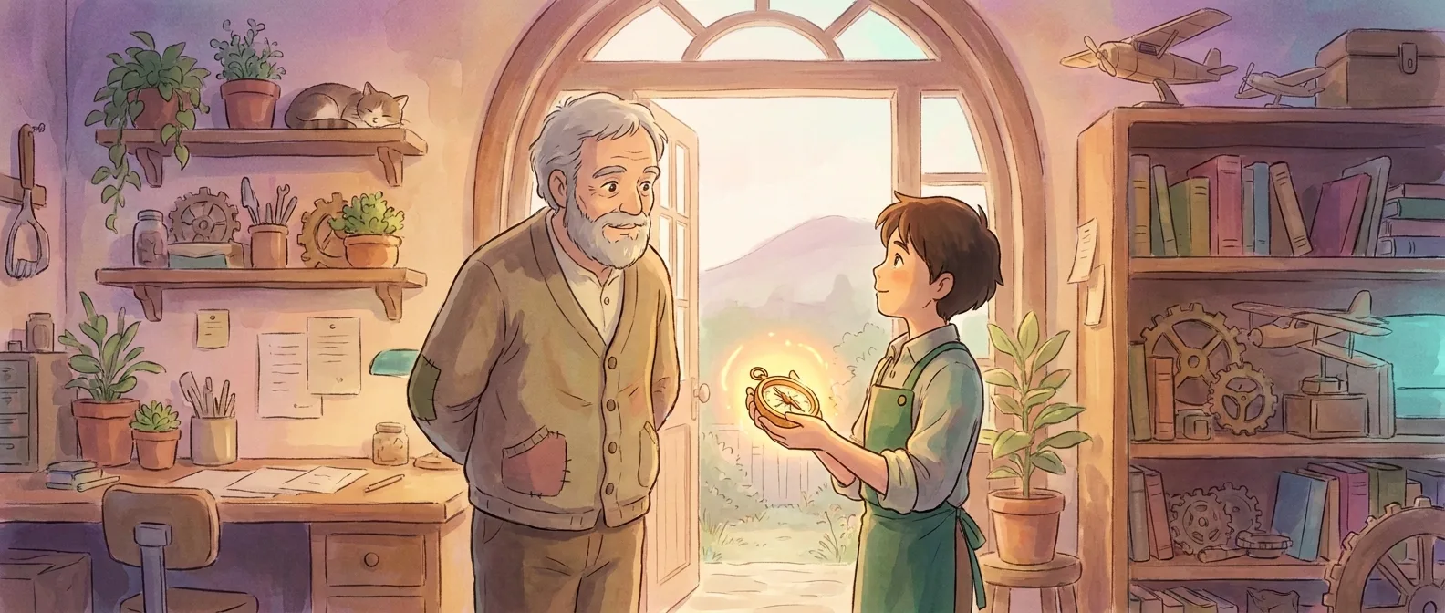 A warm Studio Ghibli scene — a mentor steps back as a younger person holds a softly glowing compass, finding their own bearing in a sunlit workshop