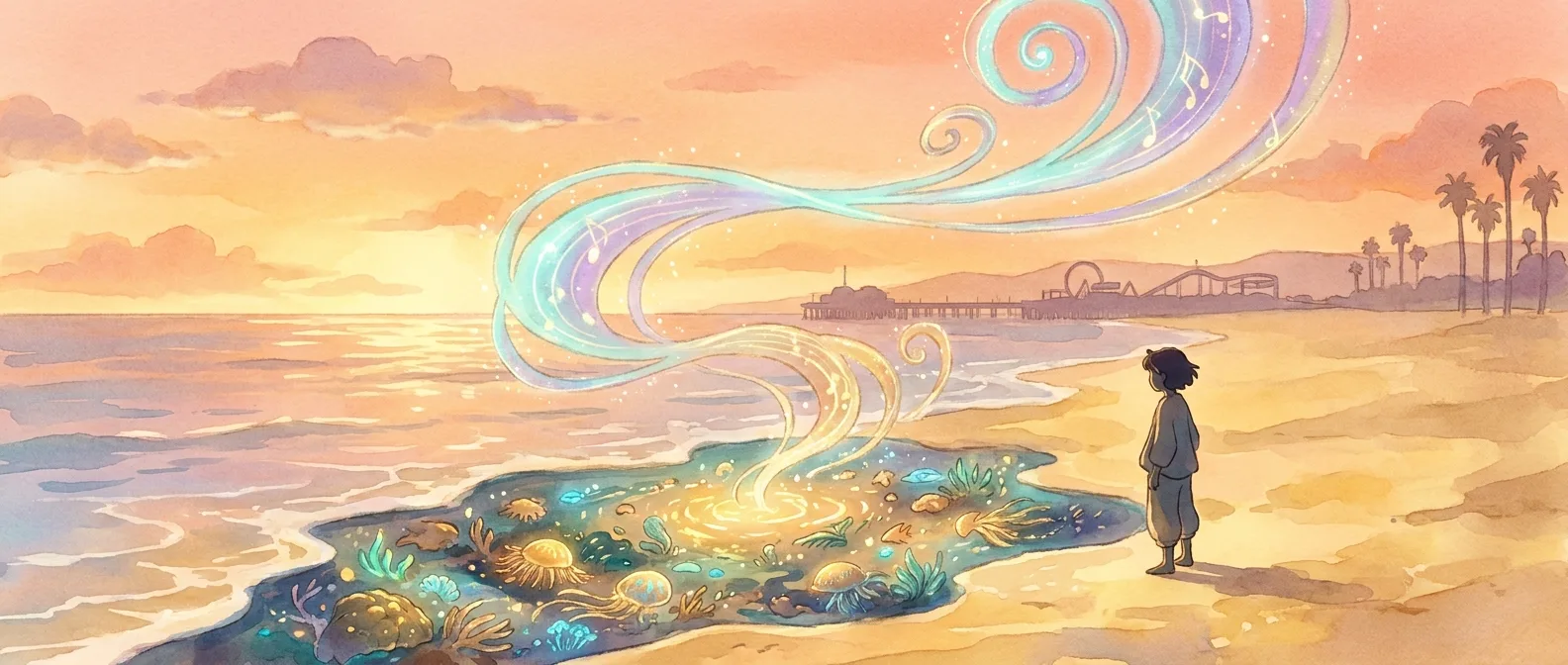 A watercolor Venice Beach at sunset: ribbons of light and musical notes rise from a glowing tide pool full of luminous reef life, with a lone figure listening and the pier in silhouette.