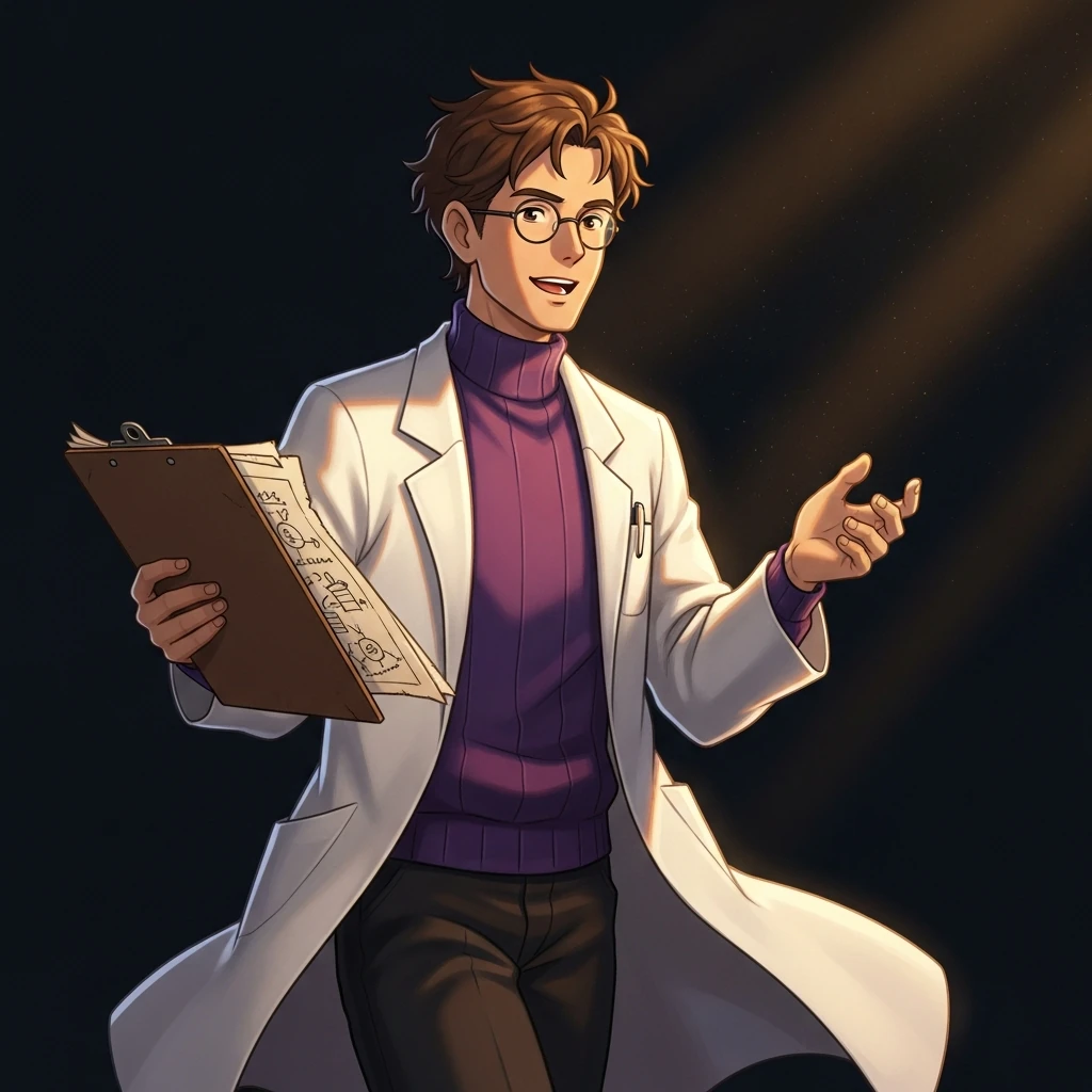 Stanley mid-explanation in the lab, holding a clipboard, lab coat catching motion from pacing