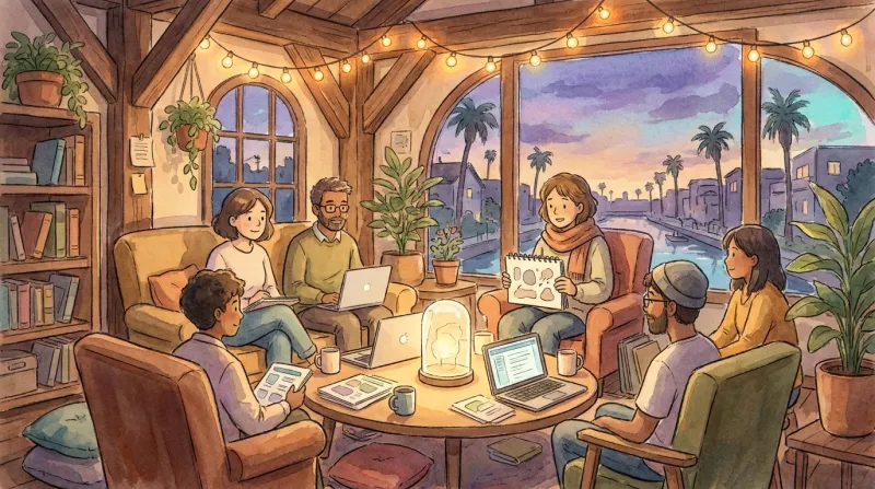 Soft Studio-Ghibli watercolor — a cozy string-lit evening meetup, people with laptops around a glowing lantern, a Venice canal and palms through the window.
