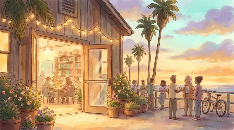 Soft Studio-Ghibli watercolor — a golden-hour Venice Beach community center, an open doorway spilling warm light onto a palm-lined deck where people gather, ocean beyond.