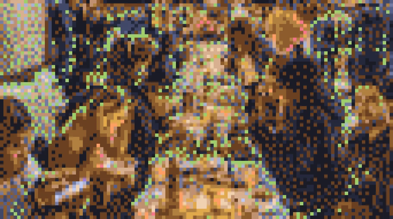 Night dinner on the closed boardwalk — one long candlelit table of neighbors sharing a holiday meal, rendered in pixel art