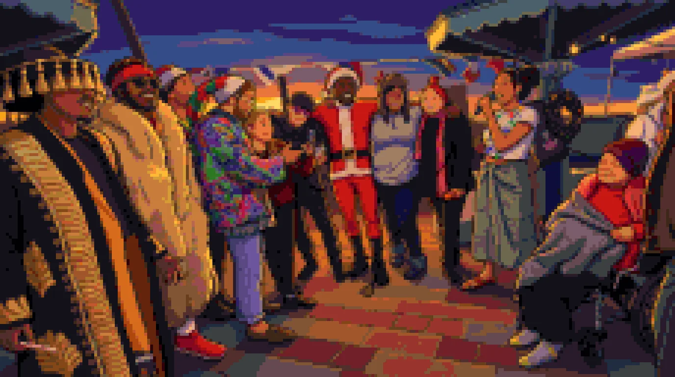 Holiday sing-along at the Venice Beach Dinner Club, rendered in pixel art — neighbors in festive costume gathered around a singer with a microphone under the boardwalk pavilions