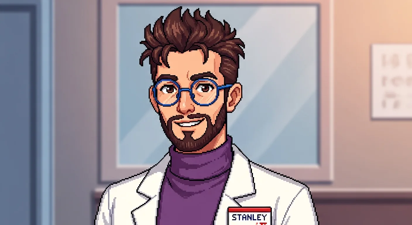 Pixel-art portrait of Stanley caught mid-explanation — three-quarter view, lab coat over purple turtleneck, round blue glasses, STANLEY badge, right hand raised with index finger pointing upward in a Feynman gesture, soft-warm lab interior background