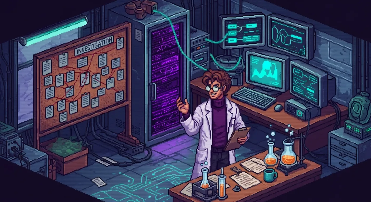 Pixel-art scene of Science Stanley in his Venice Beach laboratory — a cork investigation board with red string on the left, glowing CRT monitors of data visualizations behind him, a lab bench with bubbling beakers and a steaming coffee mug, all lit in purple and cyan