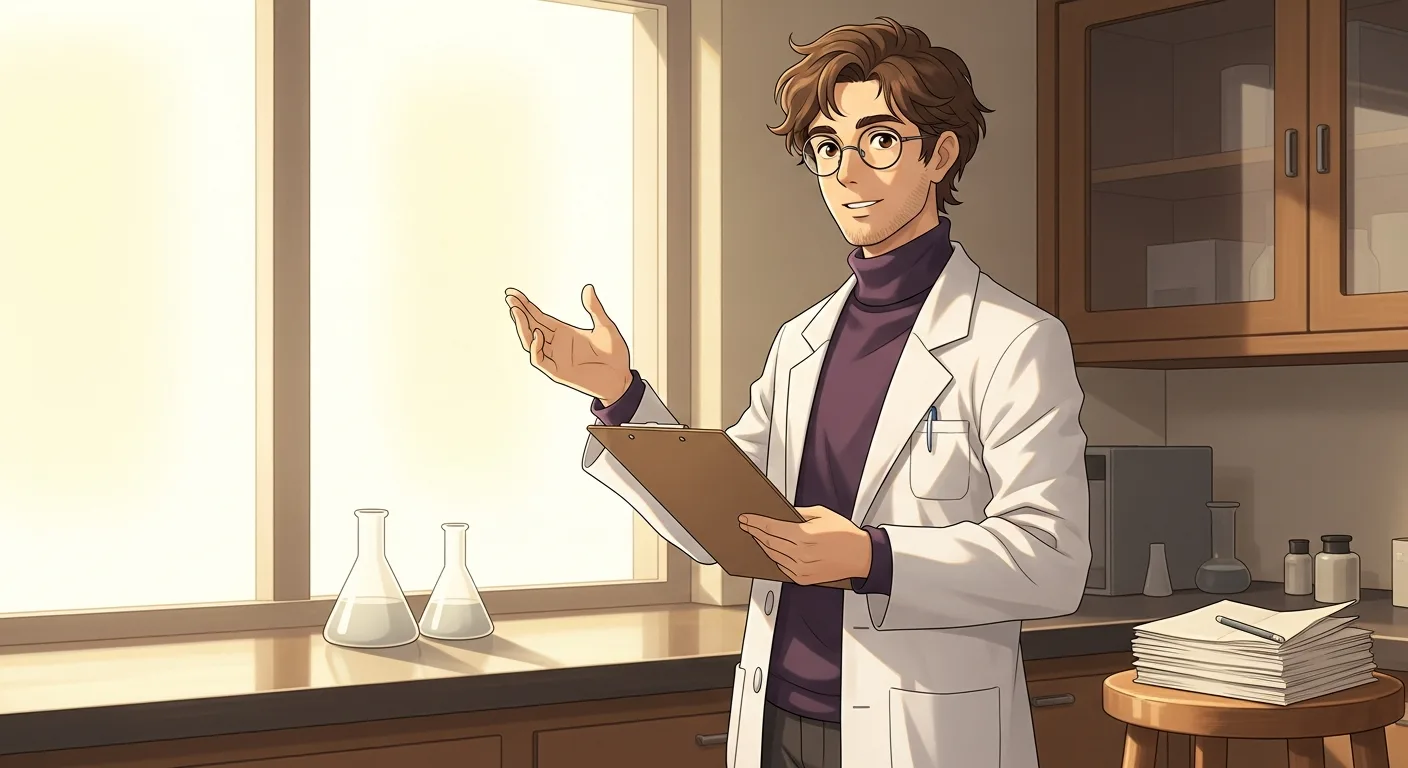 Ghibli scene: Stanley in his Venice Beach lab beside a tall window — morning light streaming in from the left, three-quarter view, clipboard in his left hand, right palm raised mid-gesture as if shaping an idea, warm cream and amber tones across the wooden floor and lab coat