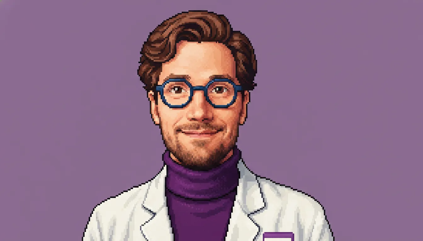 Pixel-art portrait of Science Stanley — medium-brown hair, round blue-framed glasses, a white lab coat over a dark purple turtleneck with a STANLEY name badge