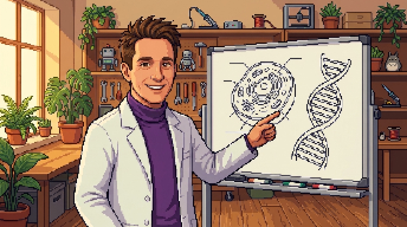 Pixel-art scene: Science Stanley at a whiteboard in his plant-filled workshop, smiling and pointing from a hand-drawn cell to a DNA double helix, shelves of tools and little robots behind him in warm afternoon light