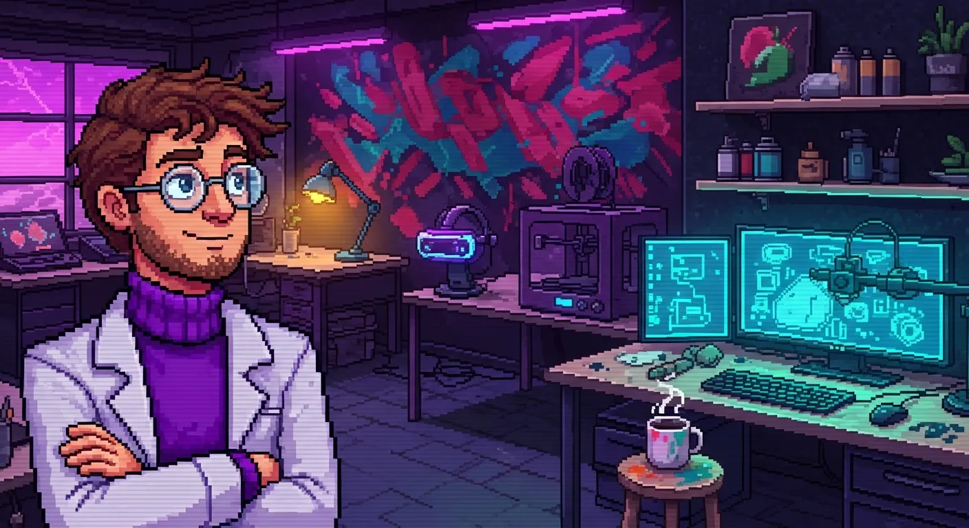 Pixel-art Venice Beach creative-technology studio — a vivid graffiti-art wall meeting AR and machine-learning workstations