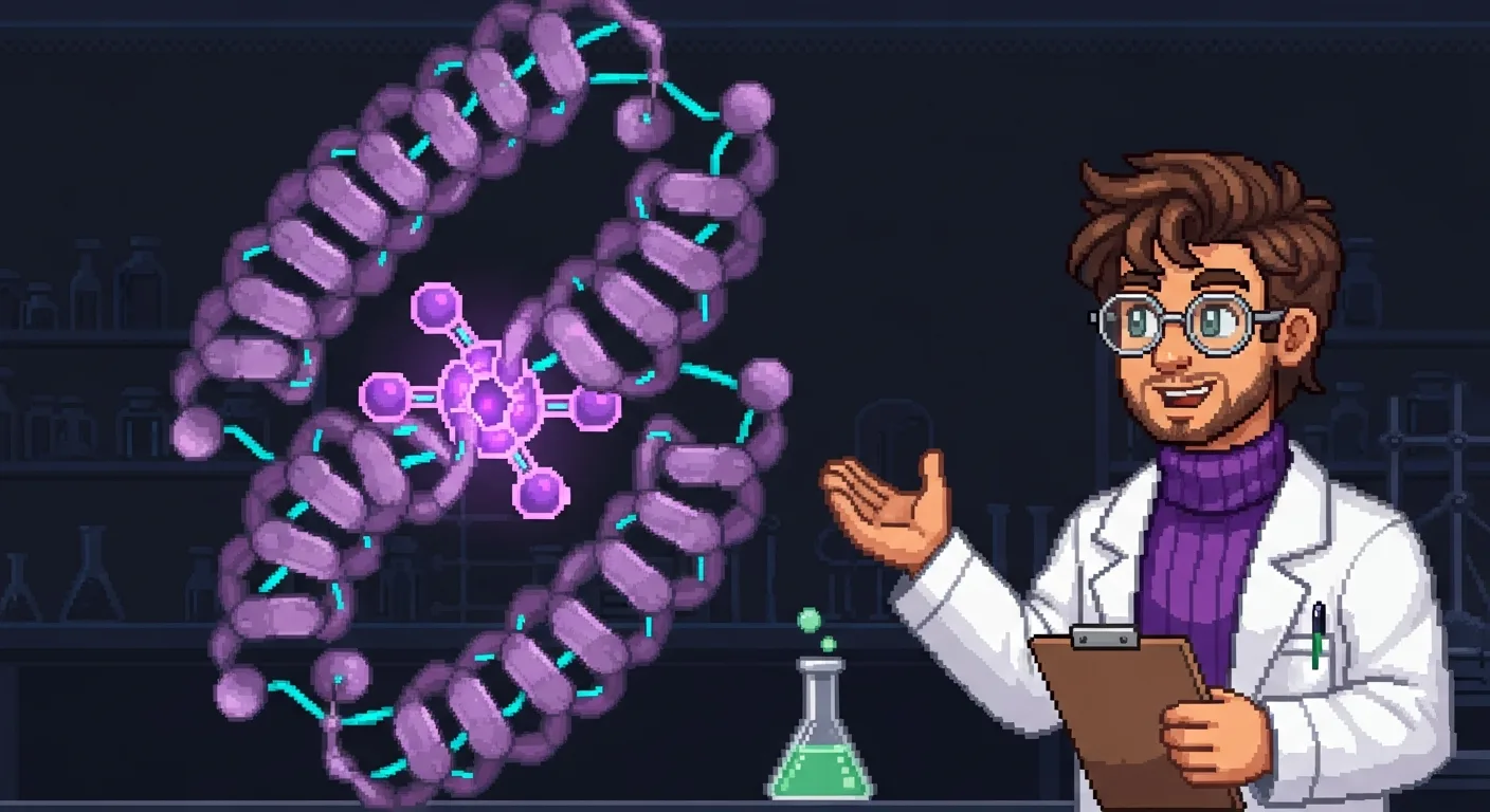 Pixel-art research scene — dominant double-helix-style molecular structure left half glowing magenta-cyan; Stanley right with glasses, purple turtleneck, lab coat, clipboard; green sample tube and vials ambient. Open-source drug discovery aesthetic.