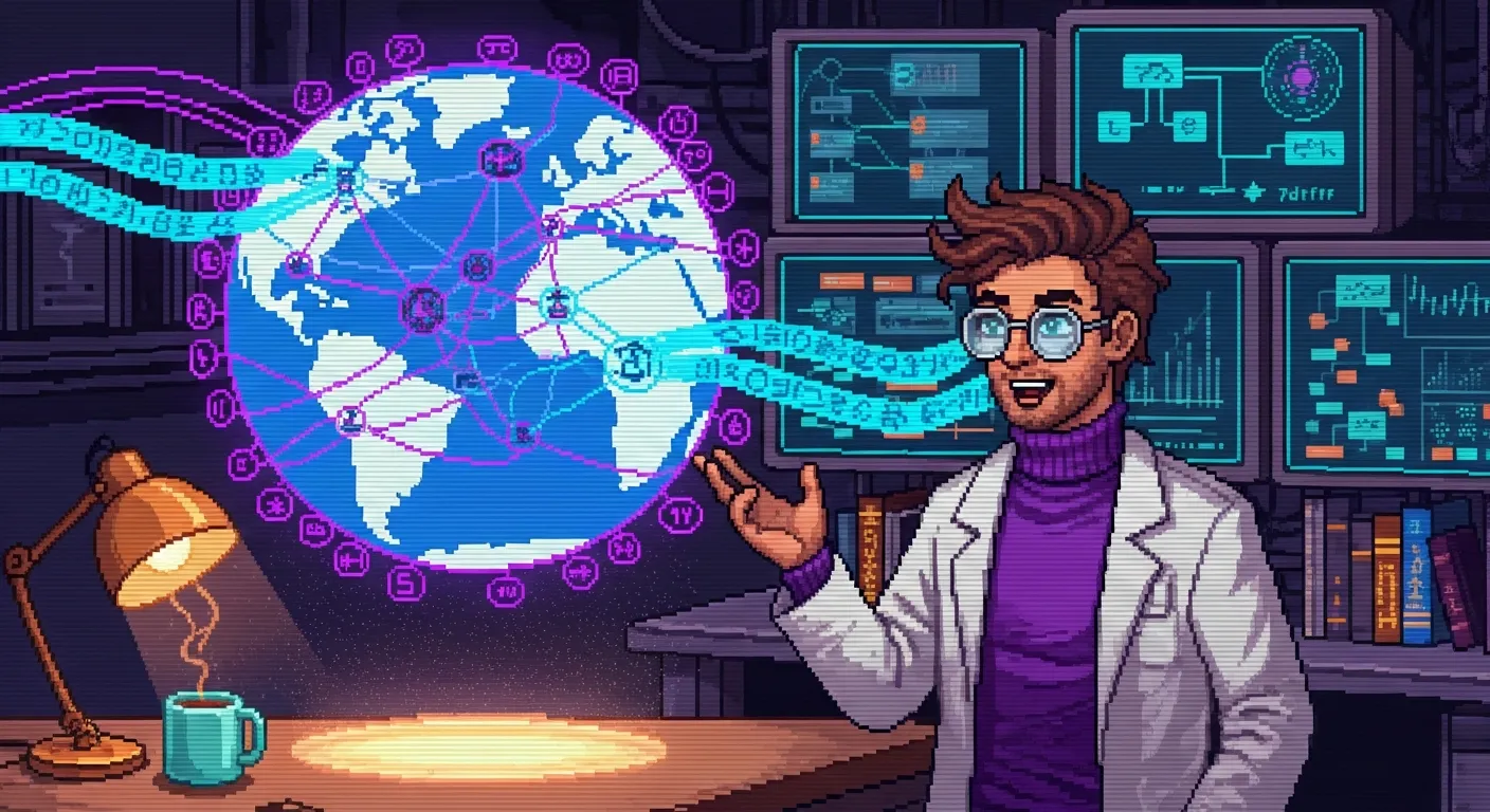 Pixel-art industrial-scale translation scene — a glowing globe ringed with connection nodes and language streams flowing between continents