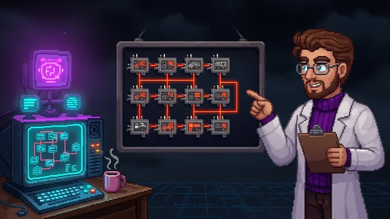 Pixel-art lab scene with a large investigation board showing a directed graph of module-blocks connected by red pixel-string. Stanley on the right with clipboard, gesturing at the lattice.