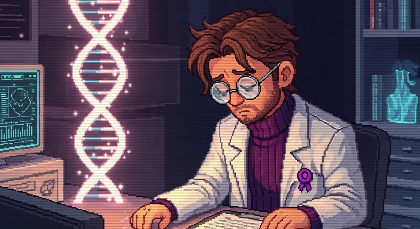 Pixel-art bioinformatics scene — a glowing DNA double-helix with methylation markers and an epigenome heatmap, in a quiet diagnostic mood