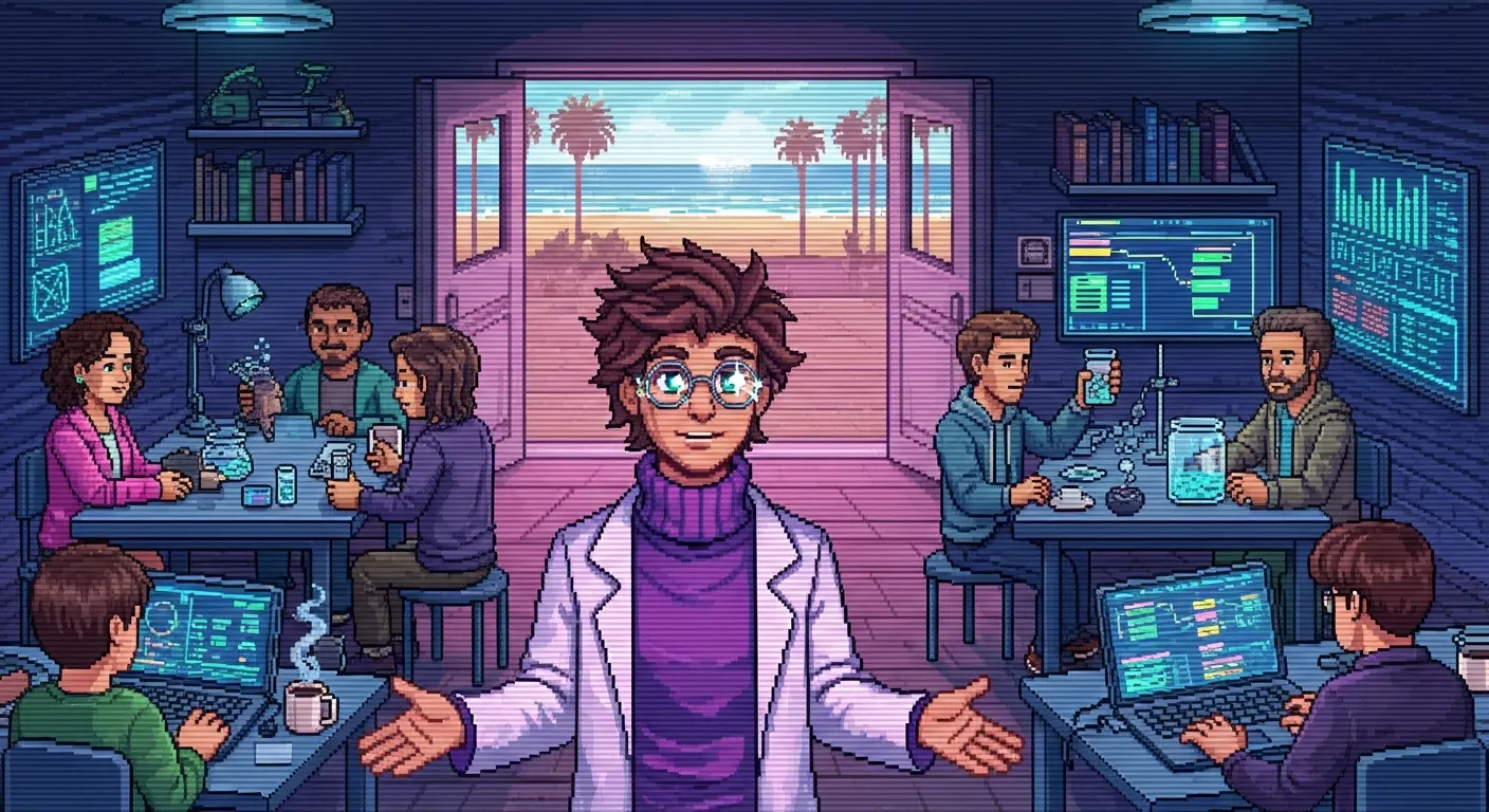 Pixel-art weekend community gathering — Stanley welcoming a diverse group of researchers, a student and newcomers, with open doors onto Venice Beach
