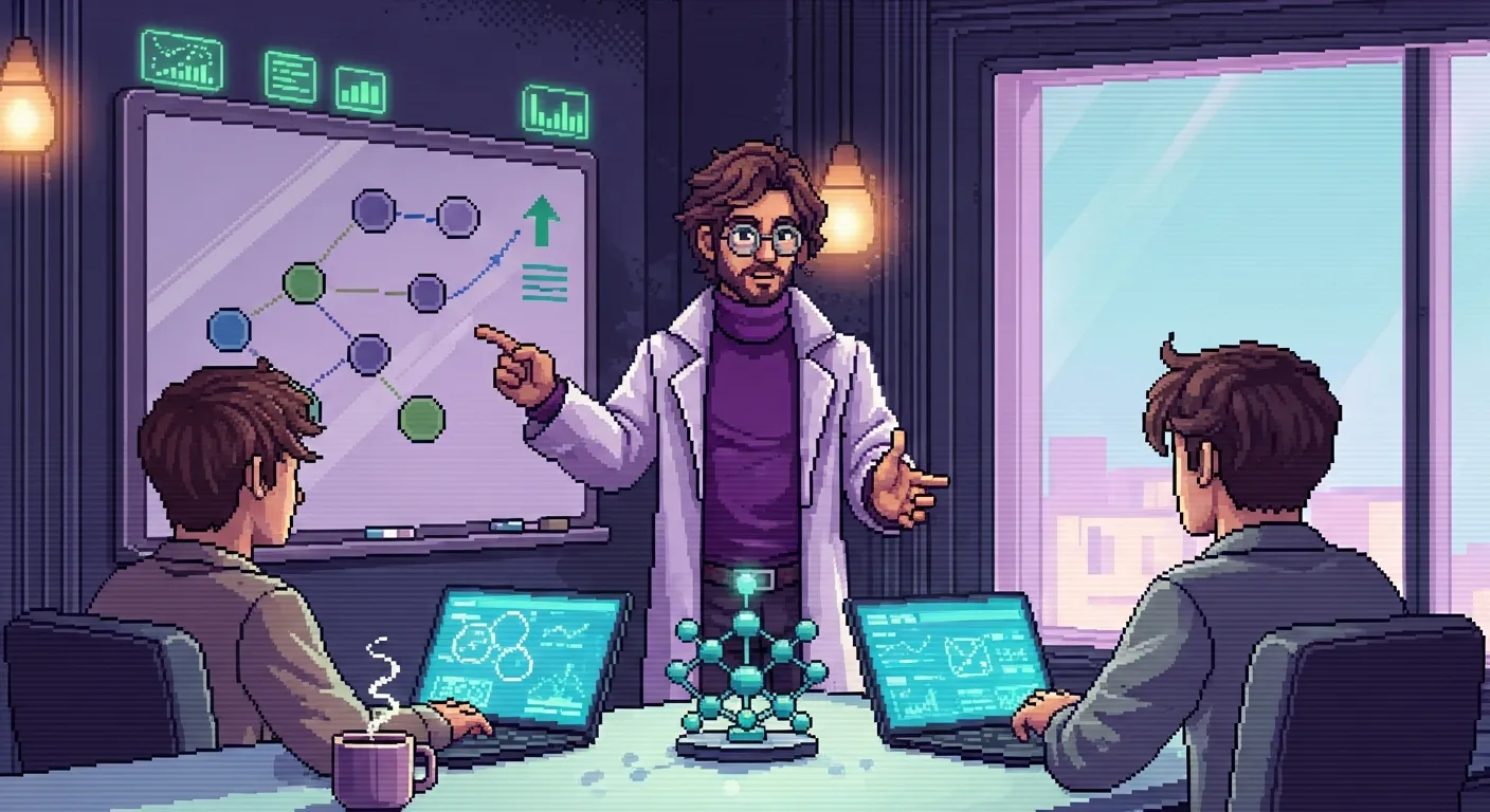 Pixel-art venture-mentorship scene — Stanley advising two founders at a whiteboard of venture-and-research diagrams with a glowing molecular model