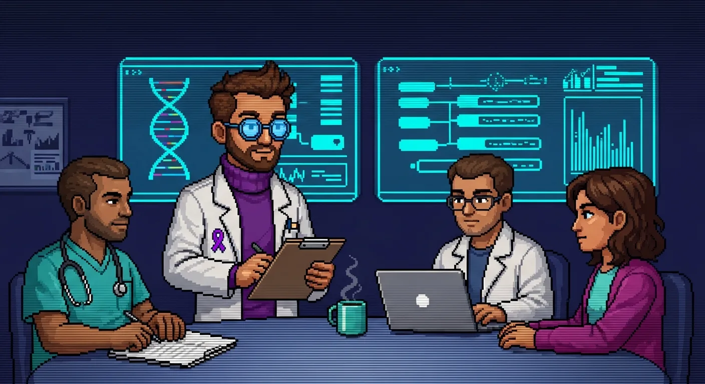 Pixel-art scene of a rare-disease diagnostic hackathon — Stanley and a multi-expert team of clinicians, data scientists and patients around a table of glowing genomic screens