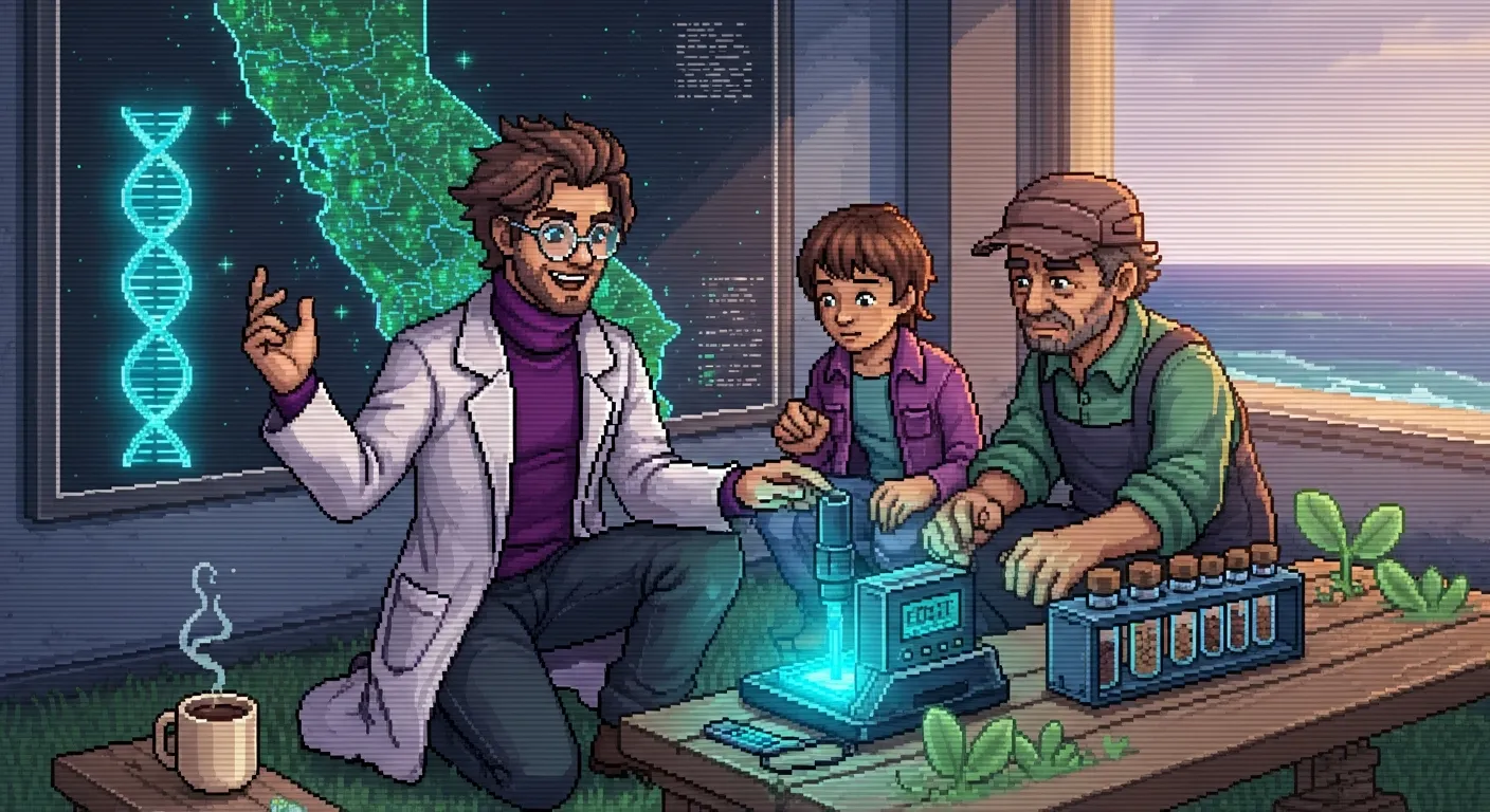 Pixel-art citizen-science scene — Stanley, a student and a farmer gathered around a palm-sized USB DNA sequencer beside a glowing map of California and a DNA helix