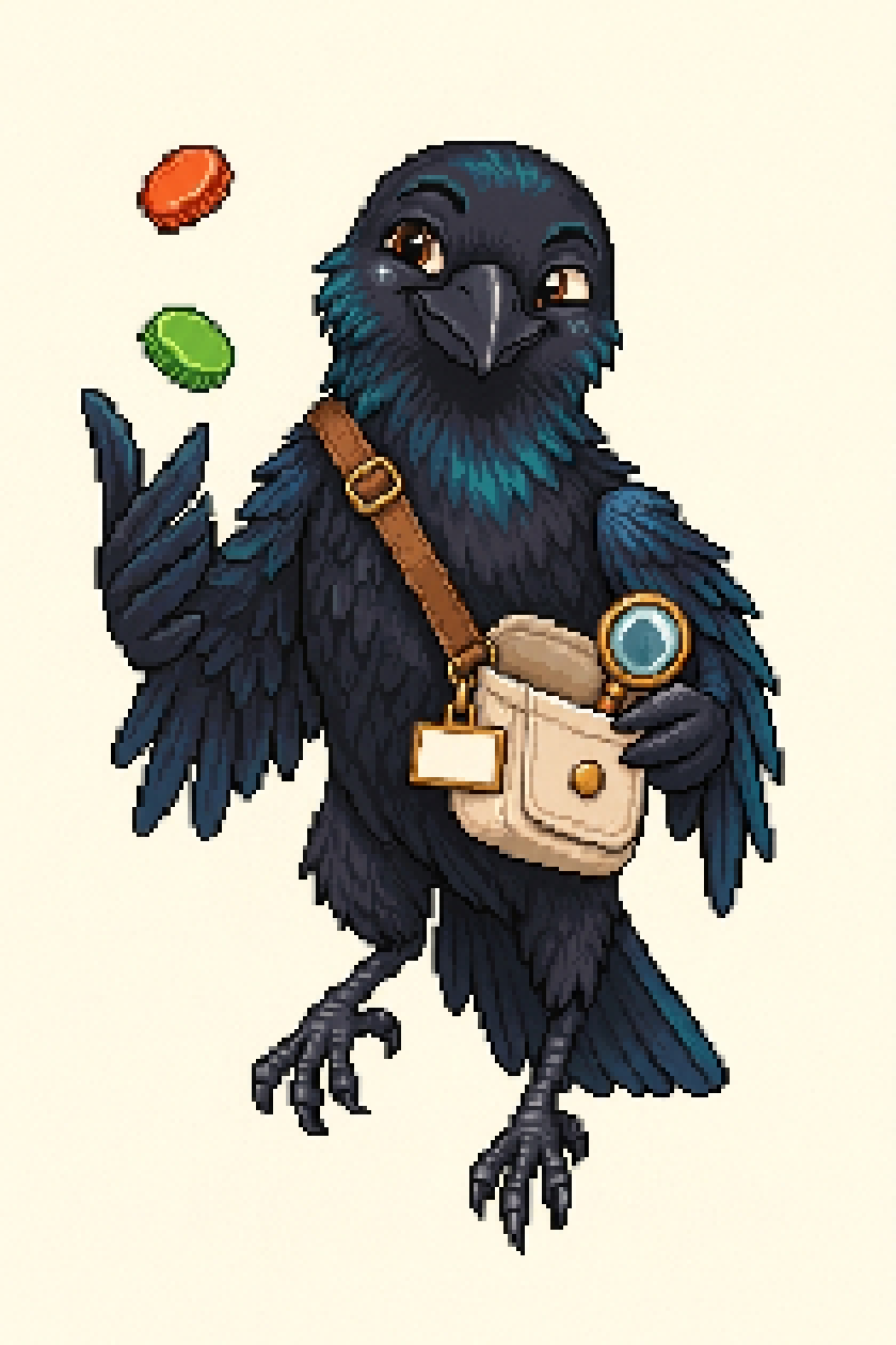 Pixel-art crow with a canvas satchel and a magnifying glass, juggling two bright berries — a boardwalk field researcher