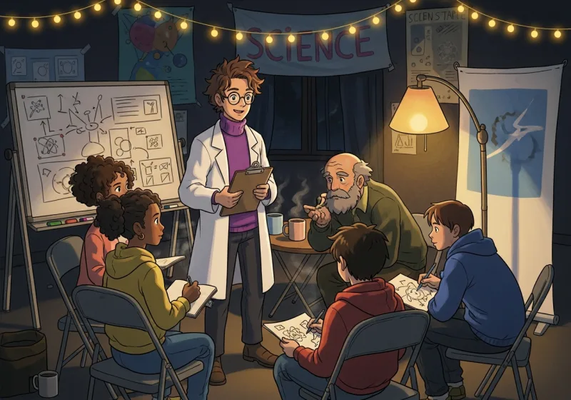 Science Sunday community gathering — students and researchers sharing ideas in warm studio light