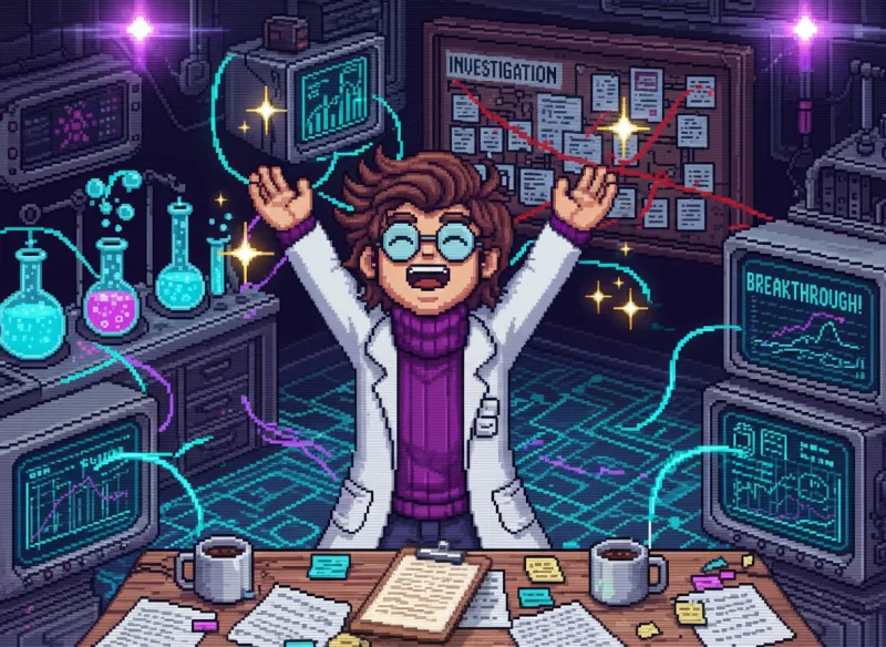 A 16-bit pixel art moment of scientific discovery — data crystallizing into understanding