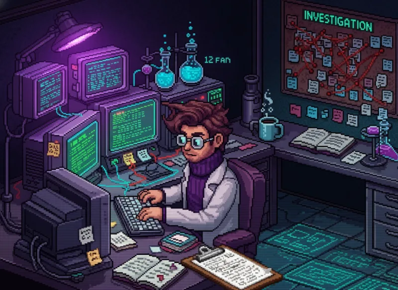 A 16-bit pixel art lab workstation — terminals glowing, data flowing